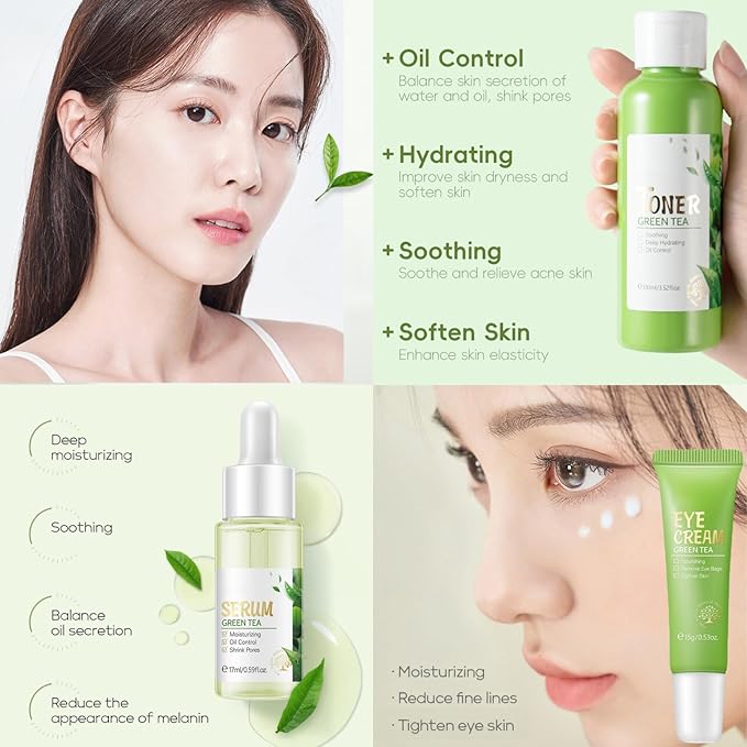 Green Tea Skin Care Kit Teenage Girls Gifts - Teen Skin Care Set - with Face & Eye Cream,Toner,Serum,Cleanser Face Wash - Easter Gifts for Women - Travel Essentials for Women (5PCS)