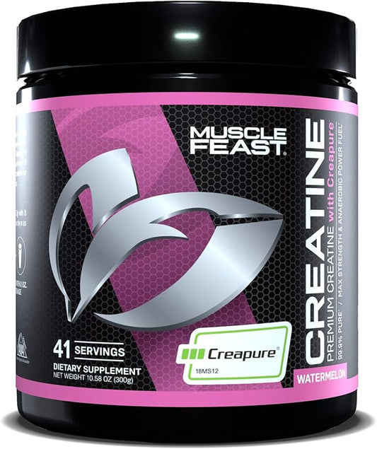 Muscle Feast Creapure Creatine Monohydrate Powder, Vegan Keto Friendly Gluten-Free Easy to Mix, Mass Gainer, Muscle Recovery Supplement and Best Creatine for Muscle Growth, Watermelon, 300g