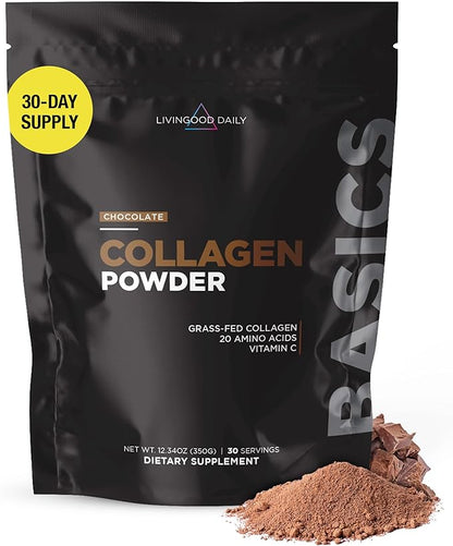 Livingood Daily Chocolate Collagen Powder - Hydrolyzed Collagen Peptides Powder Plus Vitamin C - Complete Protein with 20 Amino Acids - Type I & III, Grass-Fed, Keto, Paleo - 30 Servings, 12.3oz