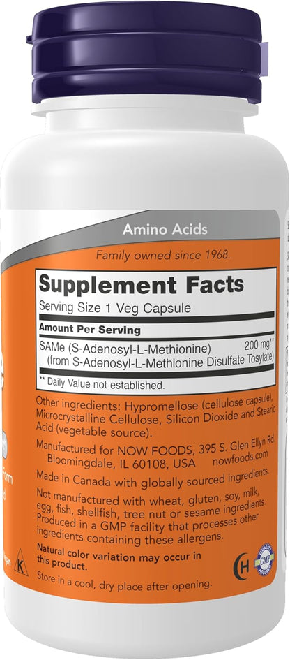 NOW Foods Supplements, SAMe (S-Adenosyl-L-Methionine)200 mg, Nervous System Support*, 60 Veg Capsules