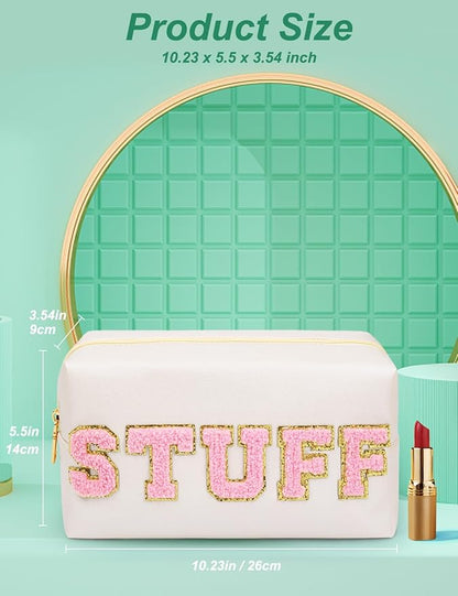 Preppy Makeup Bag, Synthetic Leather Patch Cosmetic Bag with STUFF Chenille Letter for go out, Gift for Girlfriend or Wife, Present for Girls, Daughter and Mum (Cream)