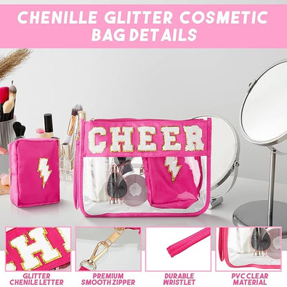 Hillban 2 Pcs Cheer Makeup Cosmetic Bag Cheerleader Team Gifts Clear Zipper Toiletry Pouch for Travel Chenille Letter Bag Pink Preppy Patch Purse PVC Waterproof Cheer Stuff Accessories for Women Girl