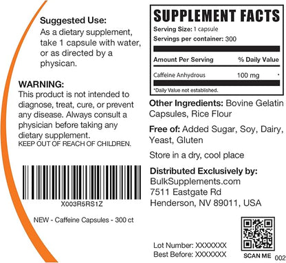 BulkSupplements.com Caffeine 100mg Capsules - Caffeine Supplements, Caffeine Pills 100mg - for Energy Support, 1 Caffeine Capsule per Serving, 300 Capsules (Pack of 1)