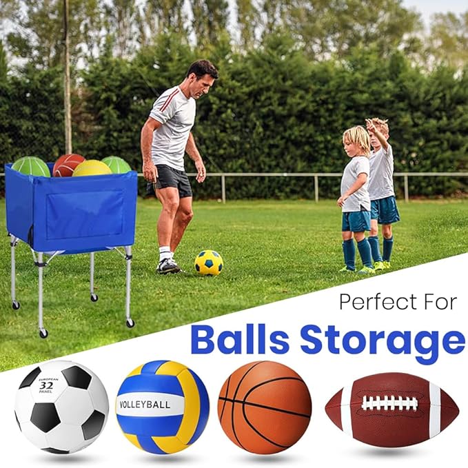 Volleyball Ball cart with Wheels Portable Basket Storage Cart 37in x 26in x 26in Garage Sports Equipment Organizer Volleyball Basketball Soccer Toy Blue