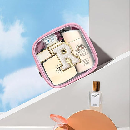 LETGO Initial Mini Makeup Bag | Make Up Bag Travel Toiletry Bag | Clear Makeup Bag | Cute Cosmetic Bags Organizer Travel Essentials Gifts for Women Girlfriend Teacher Brithday Gifts (Pink, R)