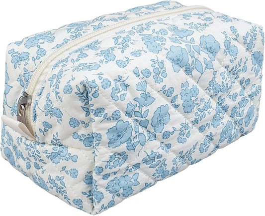 Quilted Makeup Bag,Small Travel Floral Cosmetic Bag Cute Pouch,Cotton Makeup Brushes Storage Bag for Women