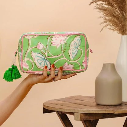 Huar Travel Makeup Bag- Large Capacity Cosmetic Bags for Women - Water Resistance Lining Portable Pouch & Open Toiletry Bag - Perfect Girls Makeup Organizer for Travel Essentials (Lime & Pink Floral)