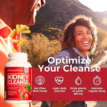 Health Plus Advanced Kidney Cleanse with Cranberry Extract, Turmeric Root and CoQ10, Helps Support Healthy Kidney Function & Urinary Tract Wellness, 60 Capsules