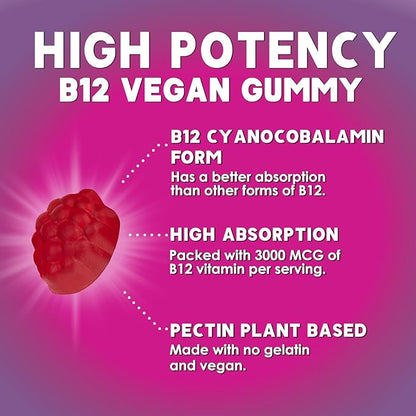 B12 Gummies, Extra Strength Energy 3000 mcg Vitamin B12, B-12 Energy Metabolism & Immune System Support, Chewable Supplement for Adults & Kids, Caffeine Free, Berry Flavored Gummy, Vegan - 60 Count