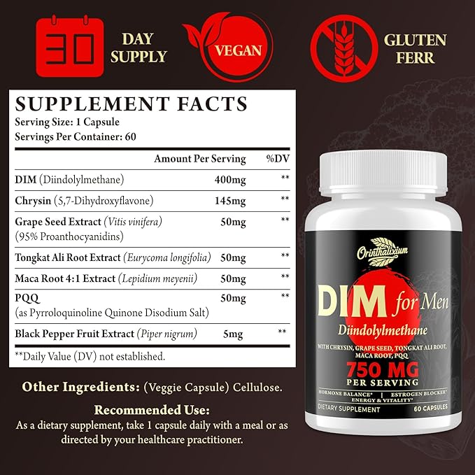 DIM Supplement for Men 750MG, Aromatase Inhibitor with Chrysin & Black Pepper Extract, Detox, 60 Capsules (2 Bottle)