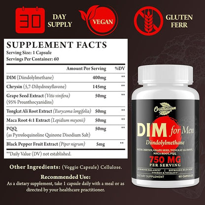 DIM Supplement for Men 750MG, Aromatase Inhibitor with Chrysin & Black Pepper Extract, Detox, 60 Capsules (2 Bottle)