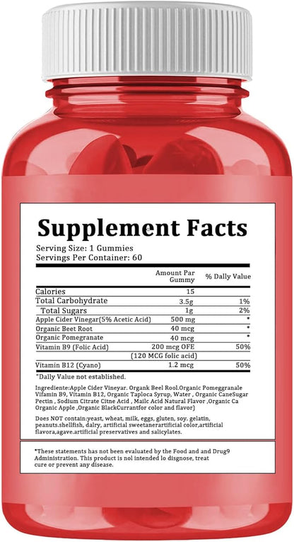 Apple Cider Vinegar Gummies - 60 Count, ACV Gummies Vitamin B12 Supplement, Vegan, Non-GMO, Gluten-Free & Gelatin Free, Apple Flavored Gummy Vitamins for Energy
