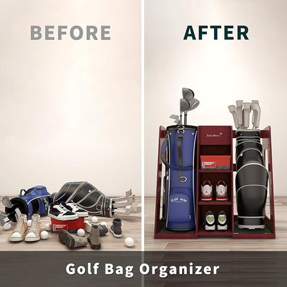 Golf Bag Organizer Storage Rack Stand Holder Fits 2 Extra Large Golf Club Bags and Multiple Golfing Equipment Accessories Great Gifts for Any Skill Level Golfer in Garage Shed Basement Indoor Outdoor