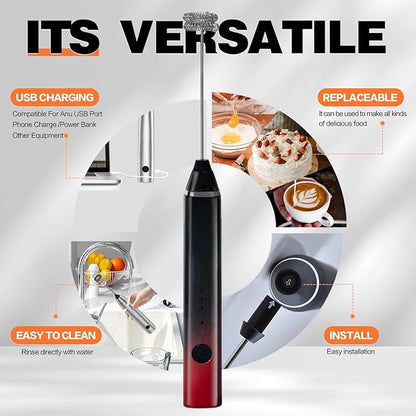Milk Frother Rechargeable Handheld Electric Whisk Coffee Frother Mixer with 3 Stainless whisks 3 Speed Adjustable Foam Maker Blender for Coffee Matcha Latte Cappuccino Hot Chocolate（Black Red）