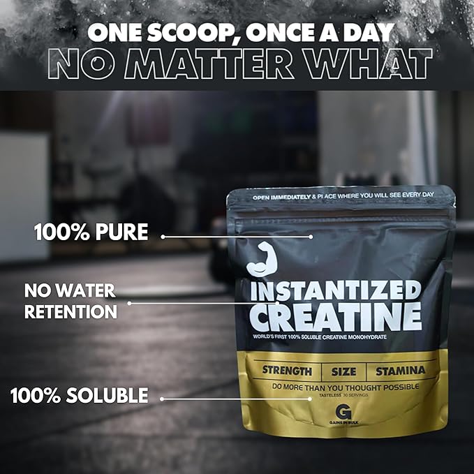 Instantized Creatine Monohydrate Gains in Bulk, Worlds First 100% Soluble Creatine for Strength, Performance, and Muscle Building (100 Servings)