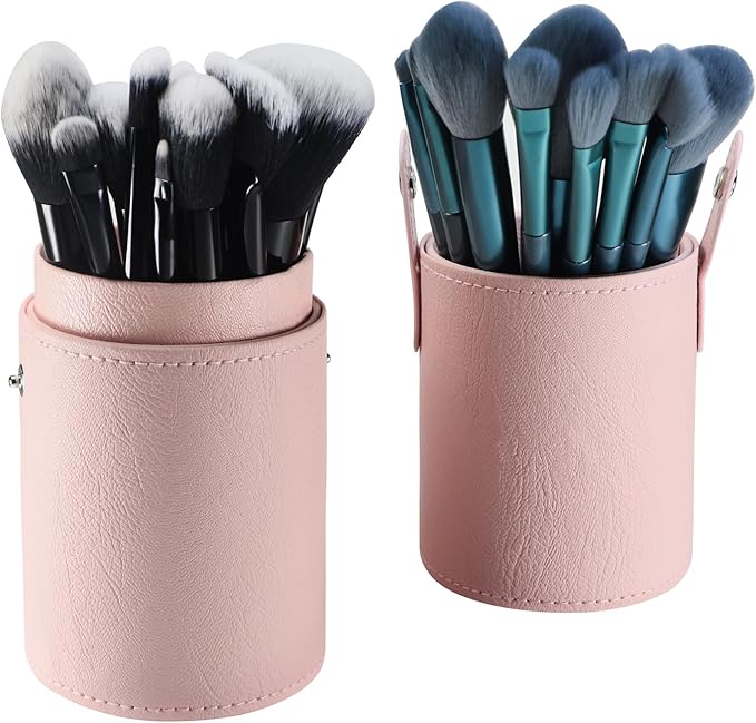 Portable Makeup Brush Case,Pu Leather Makeup Brush Holder with Button,Travel Cup Storage Dustproof Makeup Cosmetic Bags for Women (Pink)