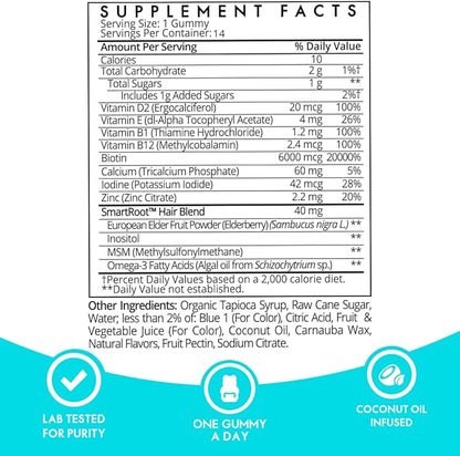 Sugarbear Hair Vitamin Gummy 14 Day Supply Extra Strength Biotin 6000mcg, Growth for Men & Women, Vegan Vitamin B12, MSM, Inositol, Omega 3, Elderberry, Certified Kosher, Halal, Cruelty-Free
