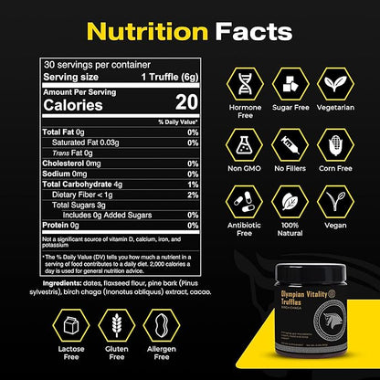 Olympian Vitality Truffles | Natural Gut Health Dessert & Gut Detox Supplement + Sleep Support | Humic & Fulvic Acid Organic Pure Cacao & Date | Non GMO & Organic | Spartan Bee Bread Brand