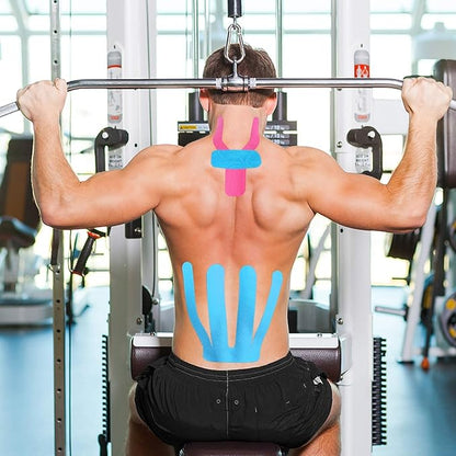 MUEUSS Kinesiology Tape Elastic Cotton Athletic Tape Precut Strips,Waterproof Tape for Protects Muscles,Knees,Shoulders Plantar Fasciitis Pain Relief,Pregnancy Belly Tape (2rolls Pink&Blue)