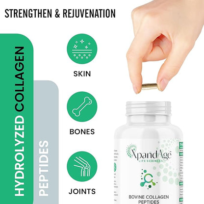 XpandAge's Bovine Collagen Peptides contain Biotin, Niacin, Vitamin C, Vitamin D, Thiamin, Paba, Hyaluronic acid, Turmeric, Bioperine, and more for healthy Hair, Nails, Beauty, Joint, and Bone health.