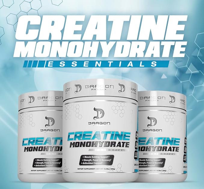 DRAGON PHARMA Creatine Monohydrate, Aid Muscle Recovery, Post-Workout Supplement, Antioxidant Support (60 Servings, Unflavored)