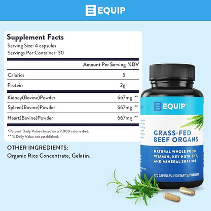 Equip Foods Grass-Fed Beef Organs | Grass Fed Beef Organ Supplement | Support Heart, Kidney & Spleen Health, Detox, Digestion & Metabolism | Antibiotic and GMO Free | 120 Capsules, 30 Servings
