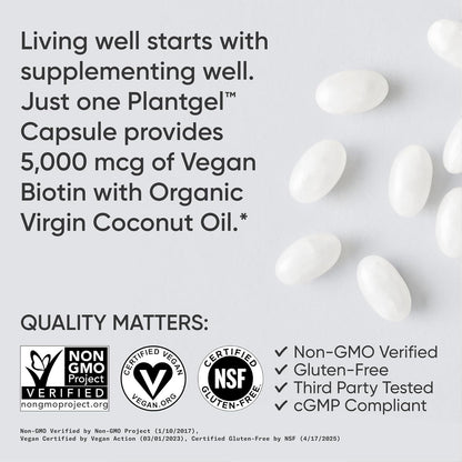 Sports Research Extra Strength Vegan Biotin (Vitamin B) Supplement with Organic Coconut Oil - Supports Keratin for Healthier Hair & Skin - Great for Women & Men - 5,000mcg, 30 Veggie Softgel Capsules