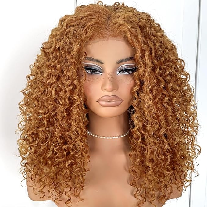 Honey Blonde Curly Wig Wear And Go Glueless Pre-Plucked Synthetic HD Lace Frontal Wig 13x6 Afro Wig Blonde Kinky Curly