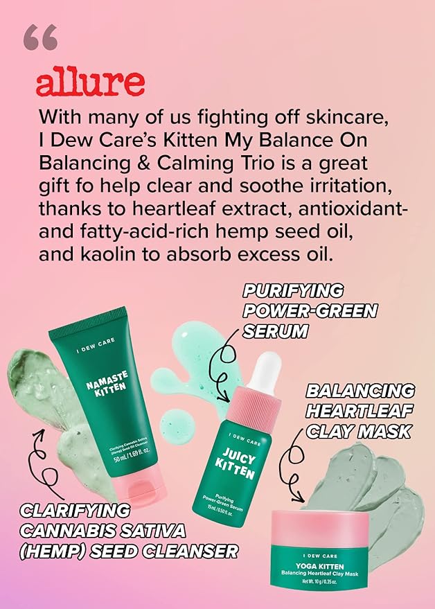 I Dew Care Skin Care Set - Kitten My Balance On + Skincare Set - Vitamin To Glow Pack | Illuminating Vitamin C Trio with Niacinamide, Travel Size, Cream, Lip Mask, Serum Bundle