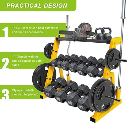 Kipika Heavy Duty 3 Tier Dumbbell Rack Multifunctional, Weight Rack for Dumbbells, Home Gym Equipment, Suitable for Storage of Dumbbell, Kettle Bell, Barbell Plate, Barbell Bar