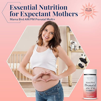Best Nest Wellness Mama Bird AM/PM Prenatal Vitamins for Women: Methylated Multivitamin with Choline B12 & Methylfolate (Folic Acid), Pregnancy Vitamins for Women, w/Herbal Blend, 2X Daily, 60 Ct