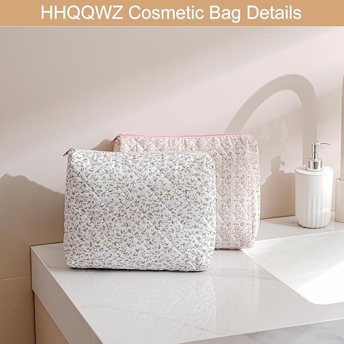 Quilted Cotton Makeup Bag Travel Cosmetic Bag for Women Girls, Zipper Make Up Pouch, Bow Pattern Toiletry Organizer Makeup, Portable Storage Bag (Large/Pink Bowknot)