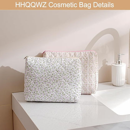 Quilted Cotton Makeup Bag Travel Cosmetic Bag for Women Girls, Zipper Make Up Pouch, Bow Pattern Toiletry Organizer Makeup, Portable Storage Bag (Large/Pink Bowknot)