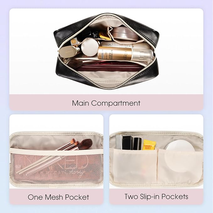 Wandering Nature Makeup Bag for Purse Cosmetic Bags for Women Make Up Organizer Travel Pouch Pencil Case with Slip-in Pockets Vegan Leather,Patent Pending
