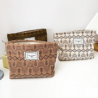 Flower Fabric Makeup Bag for Purse, Vintage Corduroy Cosmetic Pouch Bag, Portable Travel Handbag for Women Girls (Vintage Beige)