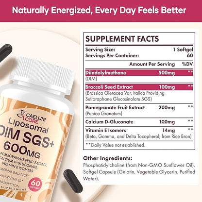 Liposomal DIM SGS Supplement 600 mg - DIM Supplement for Women & Men, Estrogen Supplements Contains Sulforaphane Glucosinolate, Pomegranate Fruit - Support Detox and Antioxidant (1 Pack)