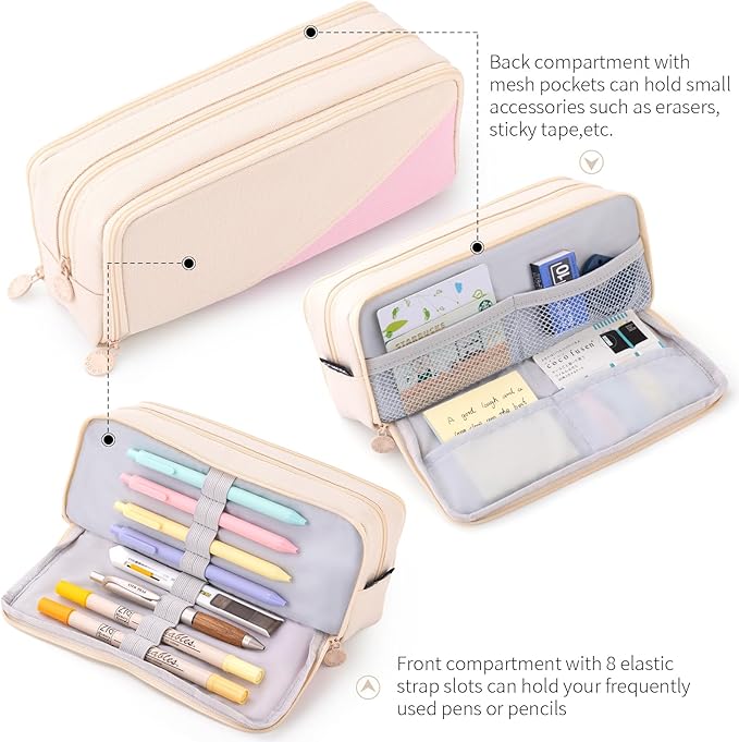 CICIMELON Big Capacity Pencil Case 3 Compartments Pen Pouch Bag Multifunctional Organizer for School Office, Cream