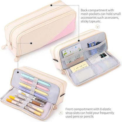CICIMELON Big Capacity Pencil Case 3 Compartments Pen Pouch Bag Multifunctional Organizer for School Office, Cream