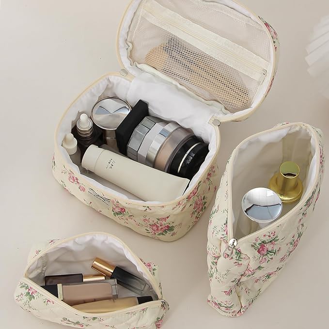 kingkiss Makeup Bag, Quilted Cosmetic Bag, Large Capacity Make Up Bag for Women, Cute Floral Storage Toiletry Bag Travel Storage Makeup Bag (Pink Flower)