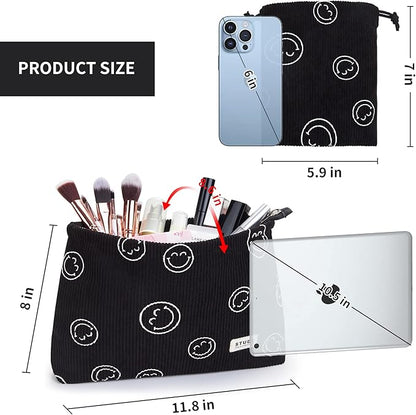 WLLWOO Makeup Bag-2pcs Smile Face Corduroy Cosmetic Bag Zipper Interior Waterproof Pencil Case Coin Purse Travel Toiletry Small Makeup Pouch For Women