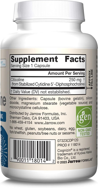 Jarrow Formulas Citicoline CDP Choline 250 MG, CDP Choline Supplement Supports Brain Health, Performance and Memory, 120 Capsules, Up to a 120 Day Supply