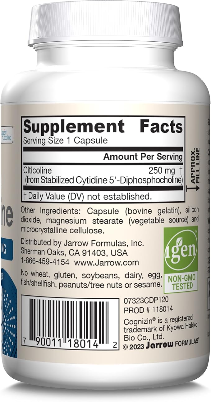 Jarrow Formulas Citicoline CDP Choline 250 MG, CDP Choline Supplement Supports Brain Health, Performance and Memory, 120 Capsules, Up to a 120 Day Supply, Pack of 12