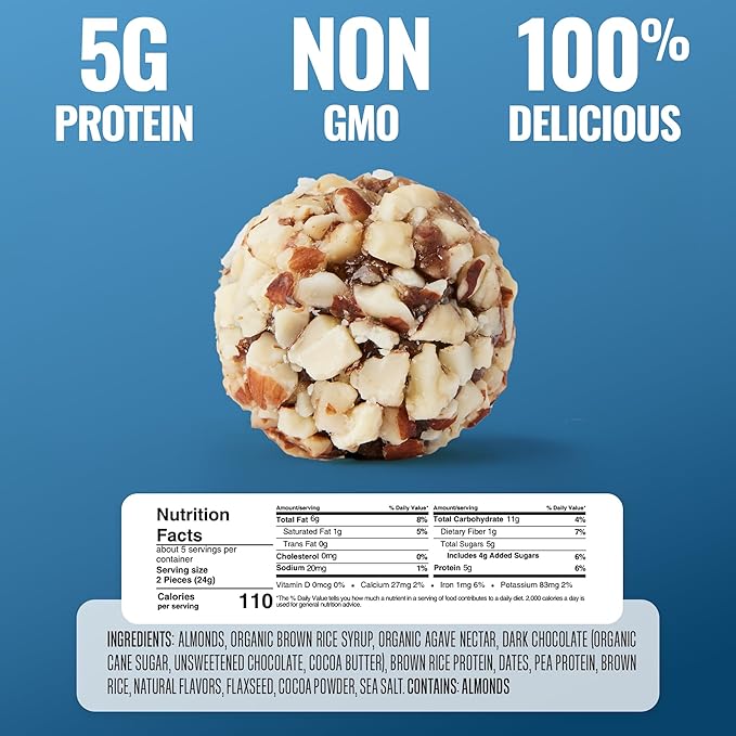 The Gluten Free Brothers Dark Chocolate Almond Bites - Gluten Free Protein Balls – Non GMO, Soy Free, Vegan – Snack Size Plant Based Protein Energy Balls, 4 Oz (6 Count)