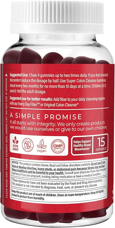 Health Plus Super Colon Cleanse Gummies, Natural Senna Leaf Extract, Gentle, Overnight Relief from Occasional Constipation, Dietary Supplement, Mixed Berry Flavor, 60 Count