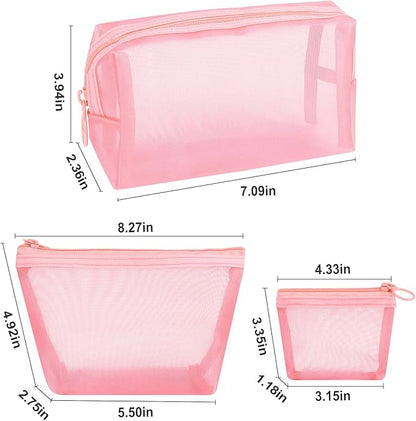 Aosbos 3-Pack Mesh Cosmetic Bag Set - Travel/On-The-Go Makeup Storage, Zipper Closure Small Pouch