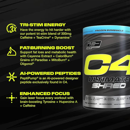 Cellucor C4 Ultimate Shred Pre Workout Powder, Metabolism Supplement with Cayenne Extract+300mg Caffeine+TeaCrine+Dynamine - Frozen Bombsicle, 20 Servings