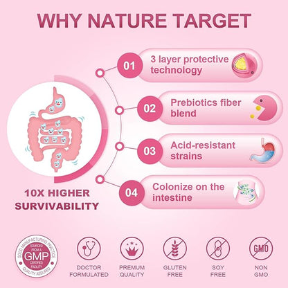 NATURE TARGET Probiotics-for-Women, Probiotics and Prebiotics, Cranberry and D-Mannose, 60-Billion-CFUs, Organic Probiotics for Digestive Health/Gut Health/Immune Booster, Women's Probiotics