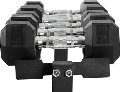 HolaHatha 10, 15, 20, 25, and 35 Pound Rubber Encased Hexagon Non Slip Dumbbell Weight Set with Rack for Various Strength Training Workouts, Black