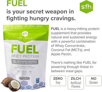 SFH Fuel Whey Protein Powder Great Tasting Grass Fed Whey | MCTs & Fiber for Energy | All Natural | Soy Free, Gluten Free, No RBST, No Artificial Flavors (Coconut (2lb Bag))