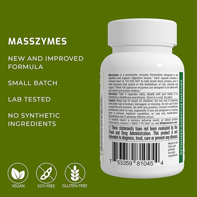 BiOptimizers - MassZymes 4.0 with AstraZyme - Digestive Enzyme Supplement for Better Absorption - Relief from Bloating, Constipation, and Gas - Contains Lipase, Amylase, and Bromelain, 30 Capsules